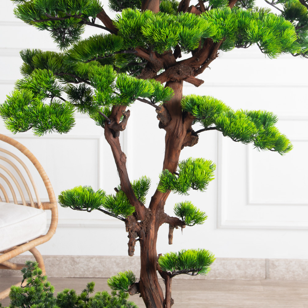 БС150/ОС/30-9(з)(Пр)(F) Бонсай искусственный Сосна h150 и 50см в деревянном ящике 50х30х15см_4