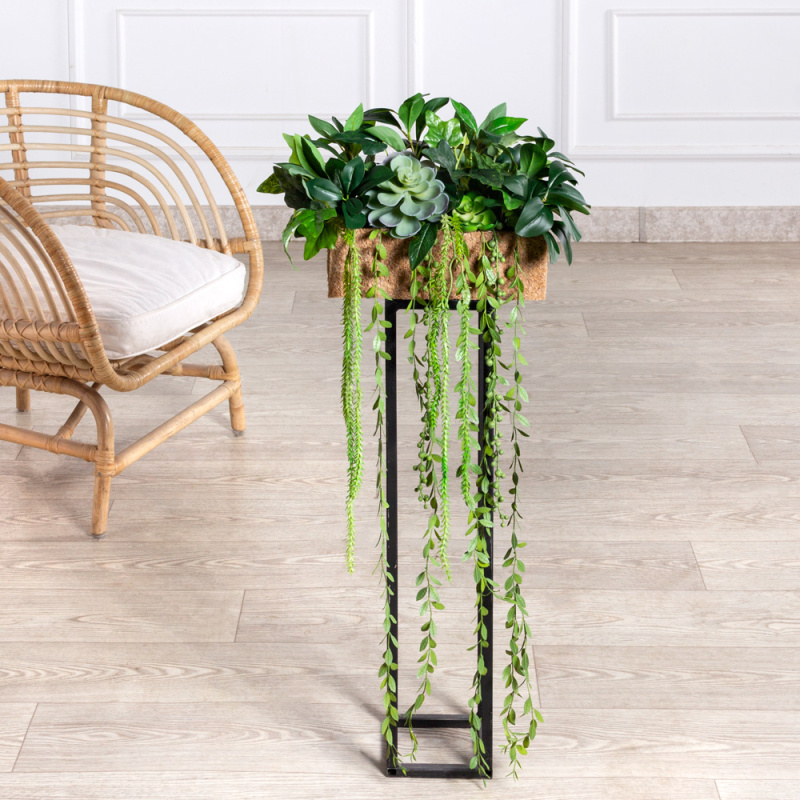 СКК14/7-3/1(з)(F) Композиция из голубых суккулентов с зеленью в кокосовом боксе 30*10*10