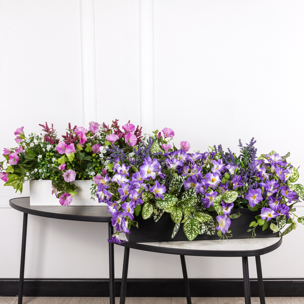 ТДЯ161 Композиция искусственная с петунией в деревянном ящике 50х12х10см, розовая_3