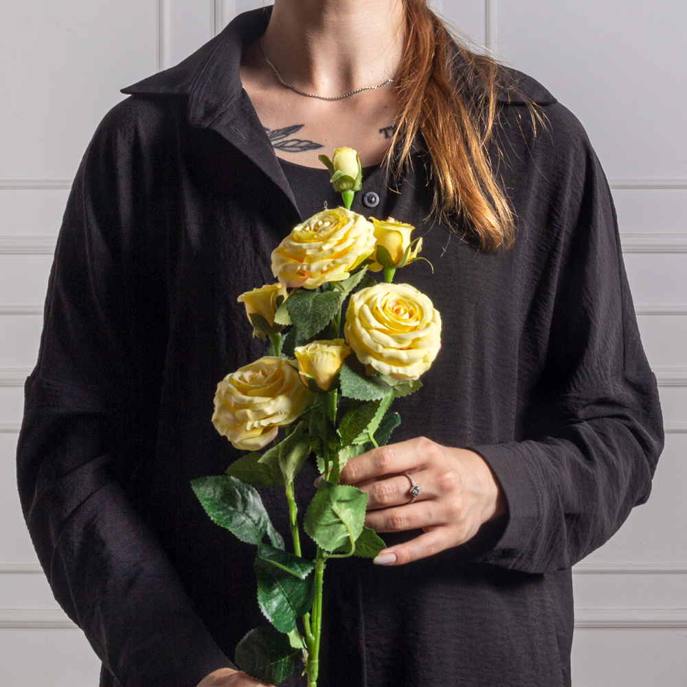 7141А/9149-11/3(F) Роза искусственная h75см, желтая, 3головы, 4бутона, шёлк_3