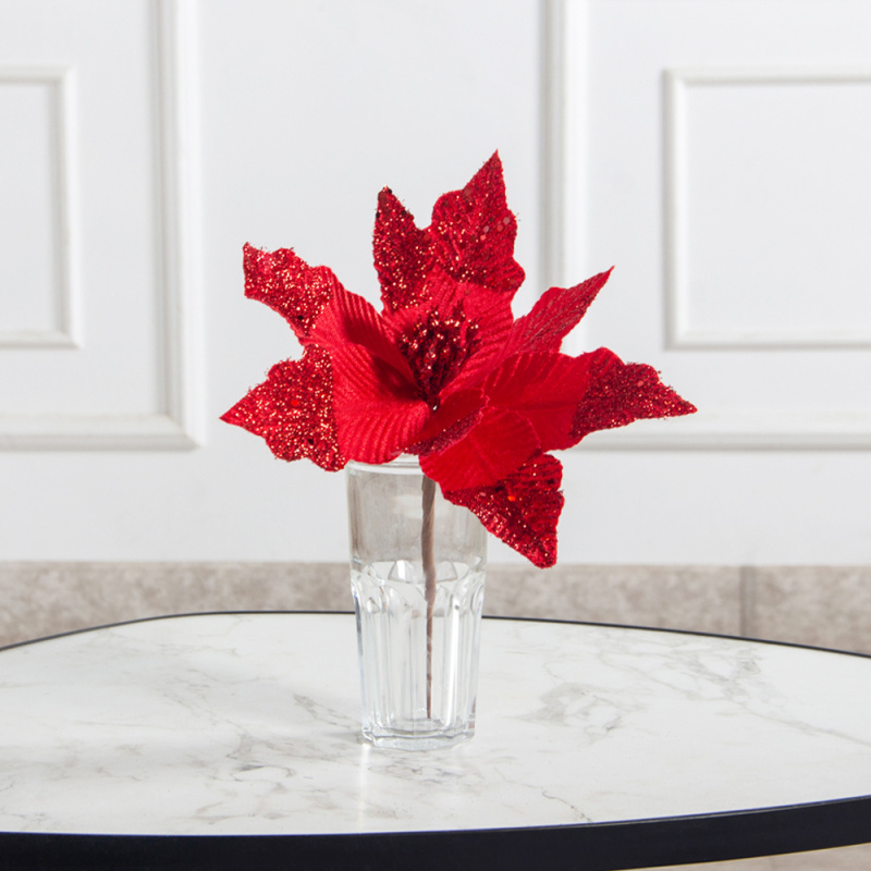 736А/9271-6316/2(F) Пуансетия НГ с блёстками h19см(нога h14см d23см) красная_1