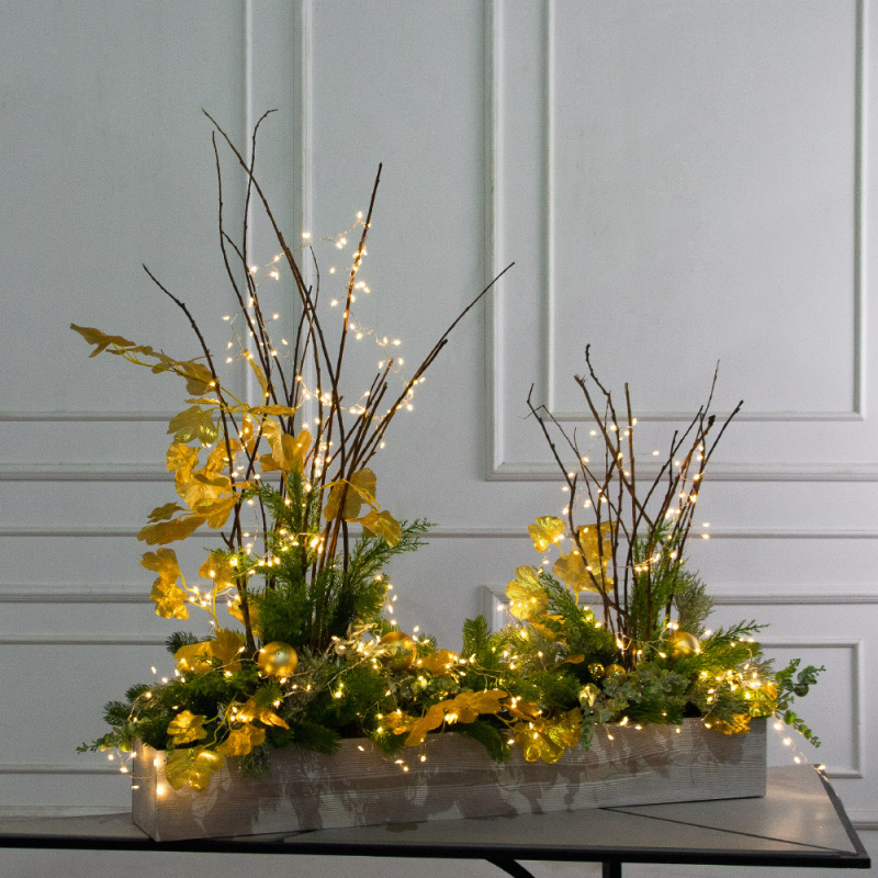 К556/СВ03т(Пр)(F) Композиция искусственная НГ с гирляндой Роса на основании, золото_1