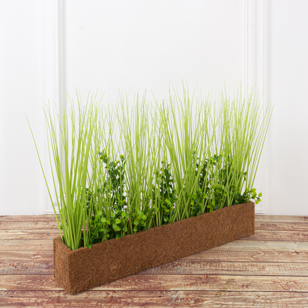 Т0255(з.) Трава искусственная Осока с самшитом h28см в кокосовом боксе 50х8х8см_1