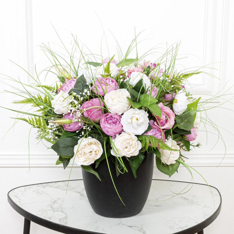 К123(з.) Композиция искусственная Розы пионовидные и орхидеи в кашпо d19см