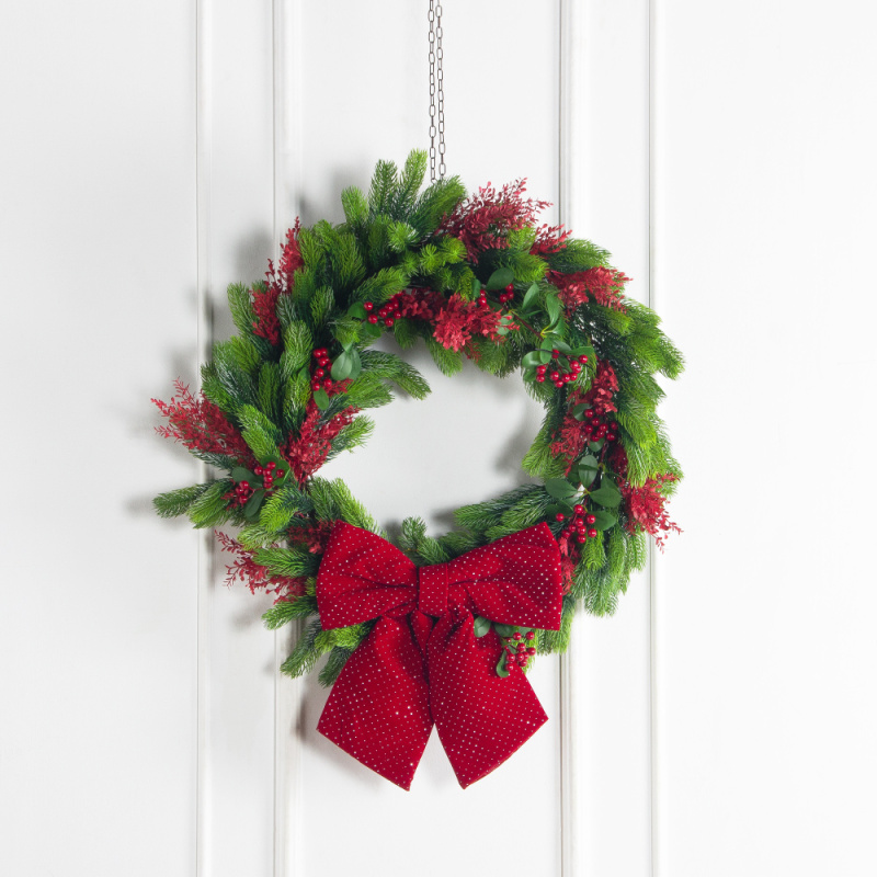 В15-2(Пр)(F) Венок искусственный НГ d70см, с красным декором_1