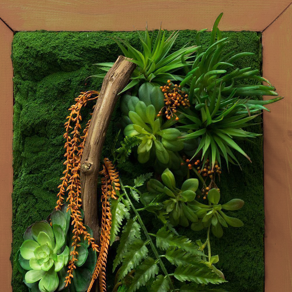 СКФ06/2(з) Фитокартина искусственная с папоротником и суккулентами 50х200см в оранжевой раме _3