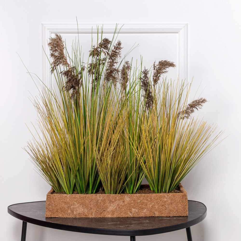 ТД097-6/2(з) Трава Осока искусственная с камышом h70см в кокосовом боксе 50х20х8см_1