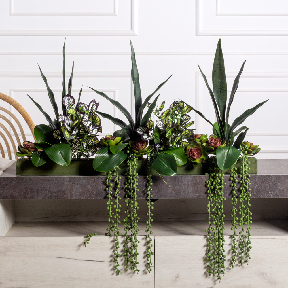 ВМ84(з)(Пр)(F) Композиция искусственная Микс с Сансевиерией на вставке 85х5х5см_1