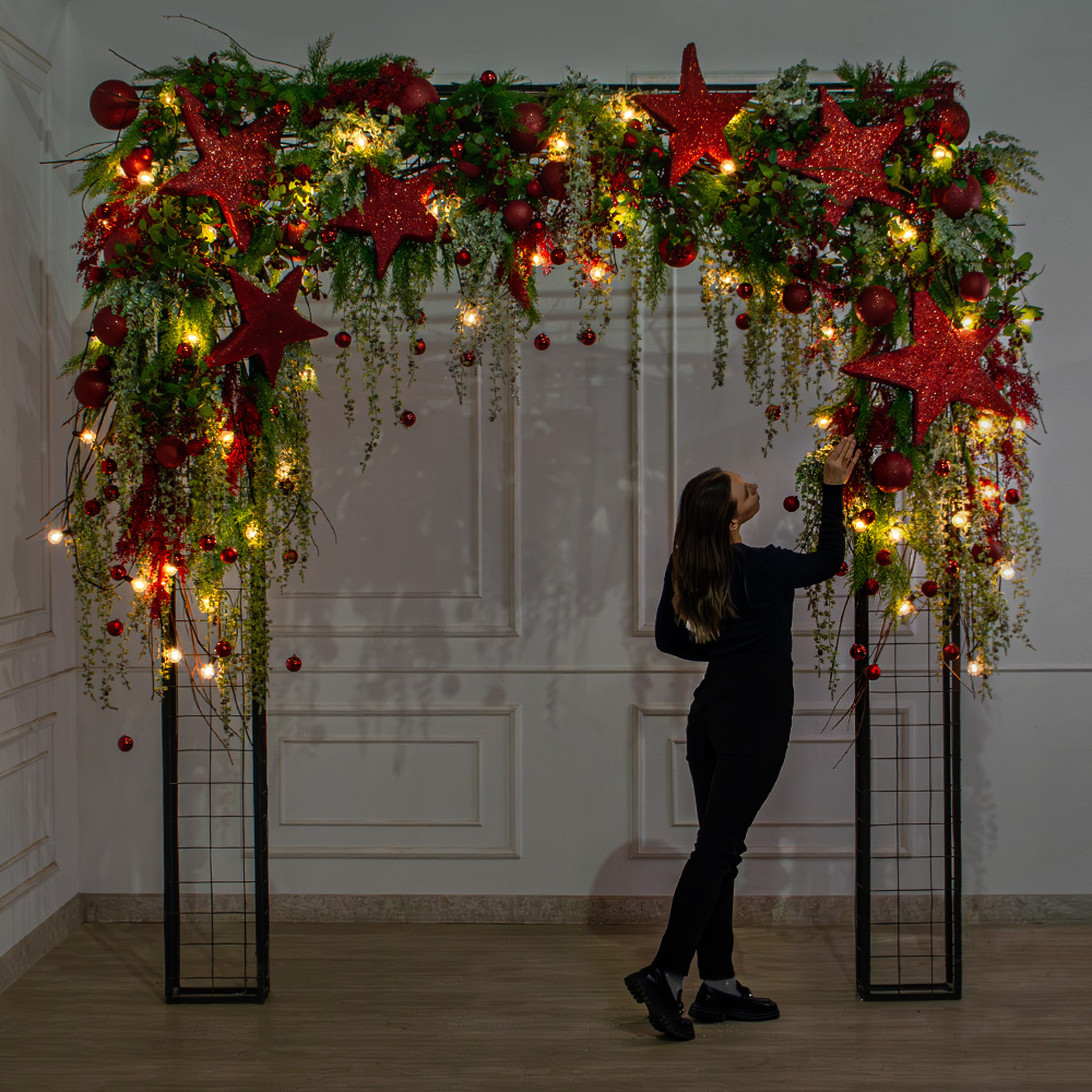 ДЛ190/СВ04(Пр)(Fix)(F)Декор вход.груп.h210см н/прутьях,прист.с ретро-гирлянд.,со звездами и шарами_3