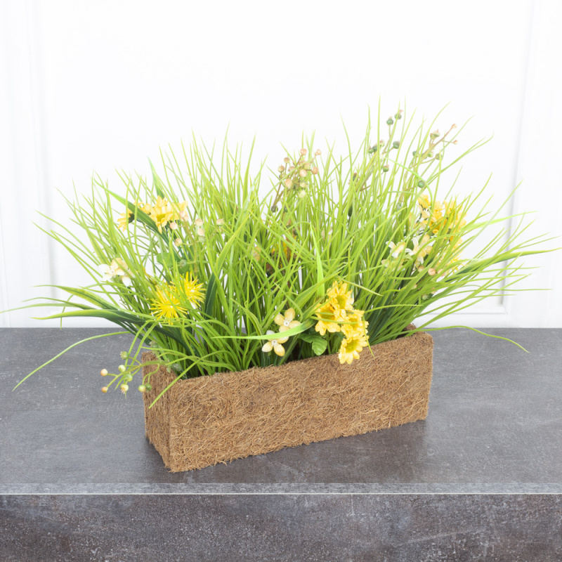 ТД084-7(з.) Композиция цветочная искусственная в кокосовом боксе 25х8х8см