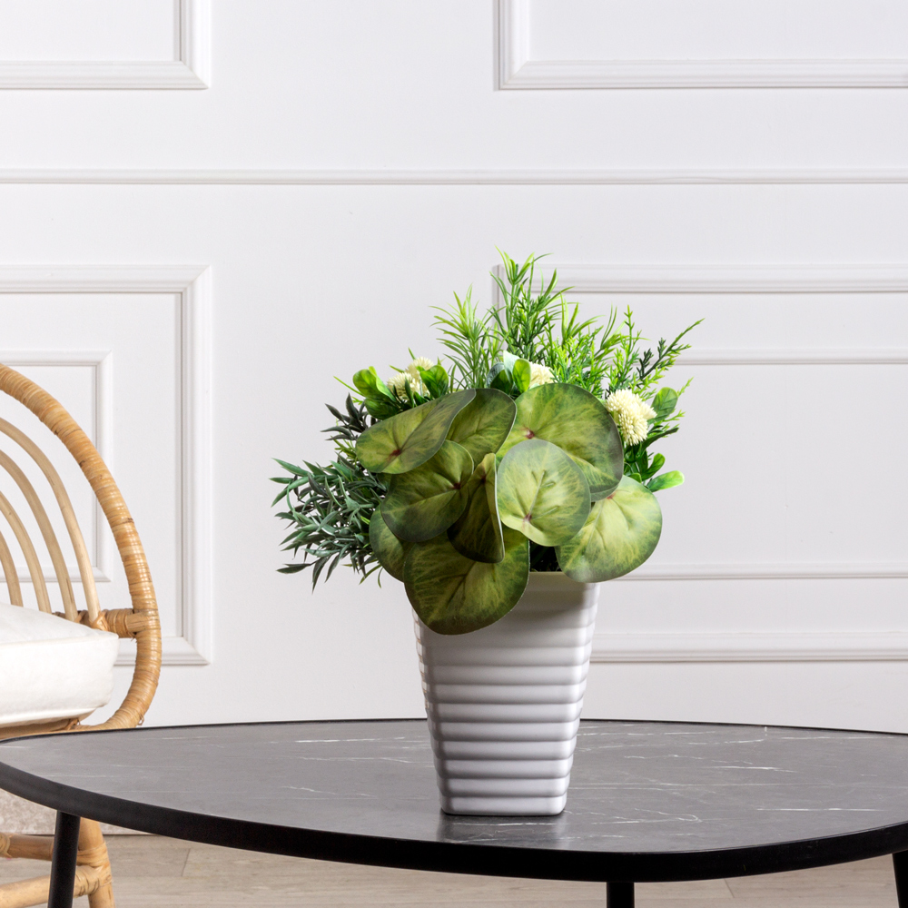 К493(з)(F) Композиция искусственная Зелень с Пеперомией в интерьерном кашпо_1