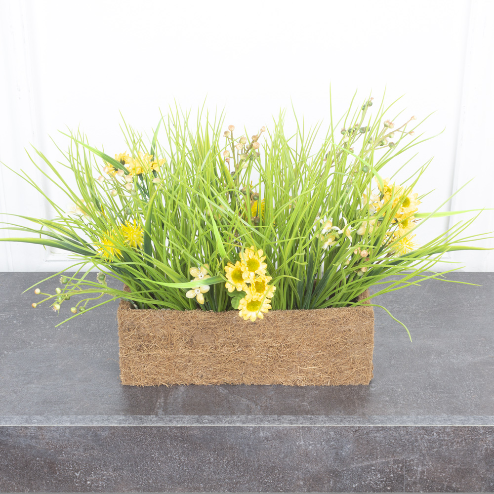 ТД084-7(з.) Композиция цветочная искусственная в кокосовом боксе 25х8х8см_1