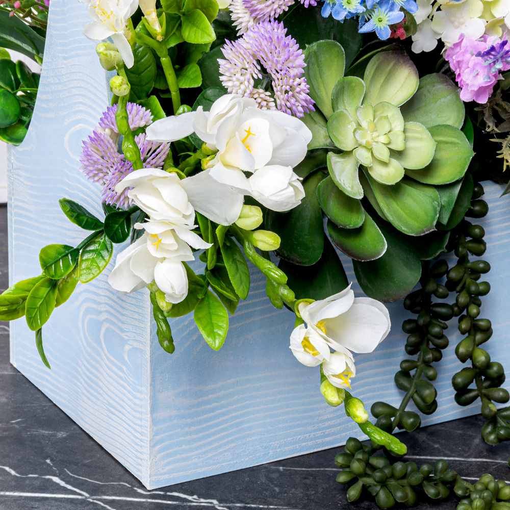 К268 Композиция искусственная цветочная с суккулентами в голубом деревянном ящике 30х15хh30_3