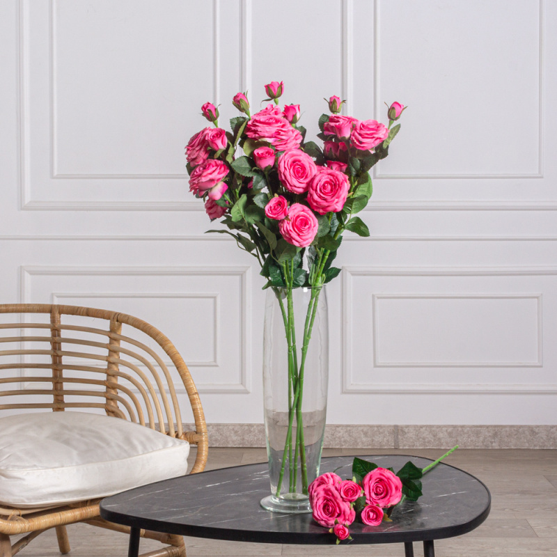 7141А/9149-11/5(F) Роза искусственная h75см, ярко-розовая, 3головы, 4бутона, шёлк