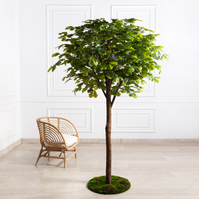 210/ШК/222(з)(F) Дуб искусственный h210см,диаметр кроны 150см на основании со мхом d55см