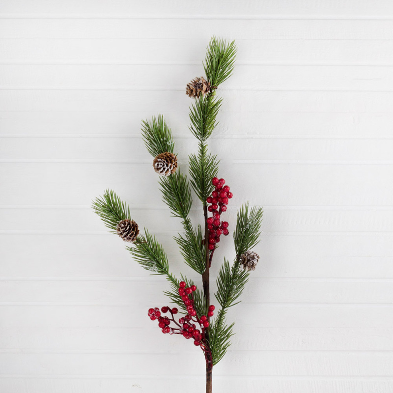 736/9127-04 (АКЦИЯ) Ветка еловая заснеженная с шишками и ягодами  h63см