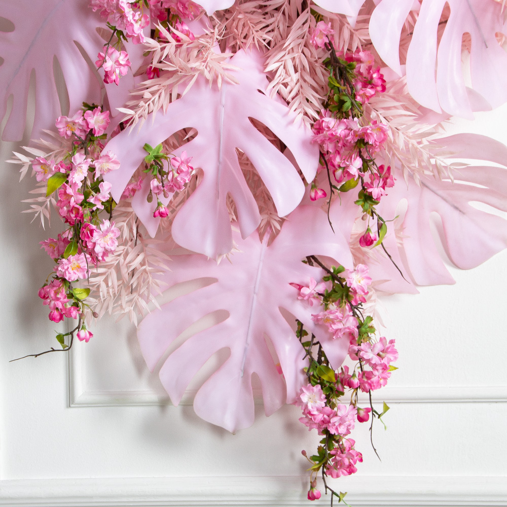 Л54-2(з)(F) Лиана искусственная с тропическими листьями L150см, свес 110см, розовая_4
