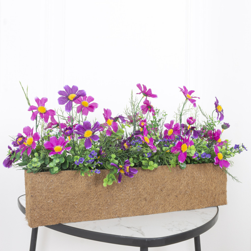 Ц427(з.) Композиция искусственная Космея цветная в кокосовом боксе 55,5х7,5х12см