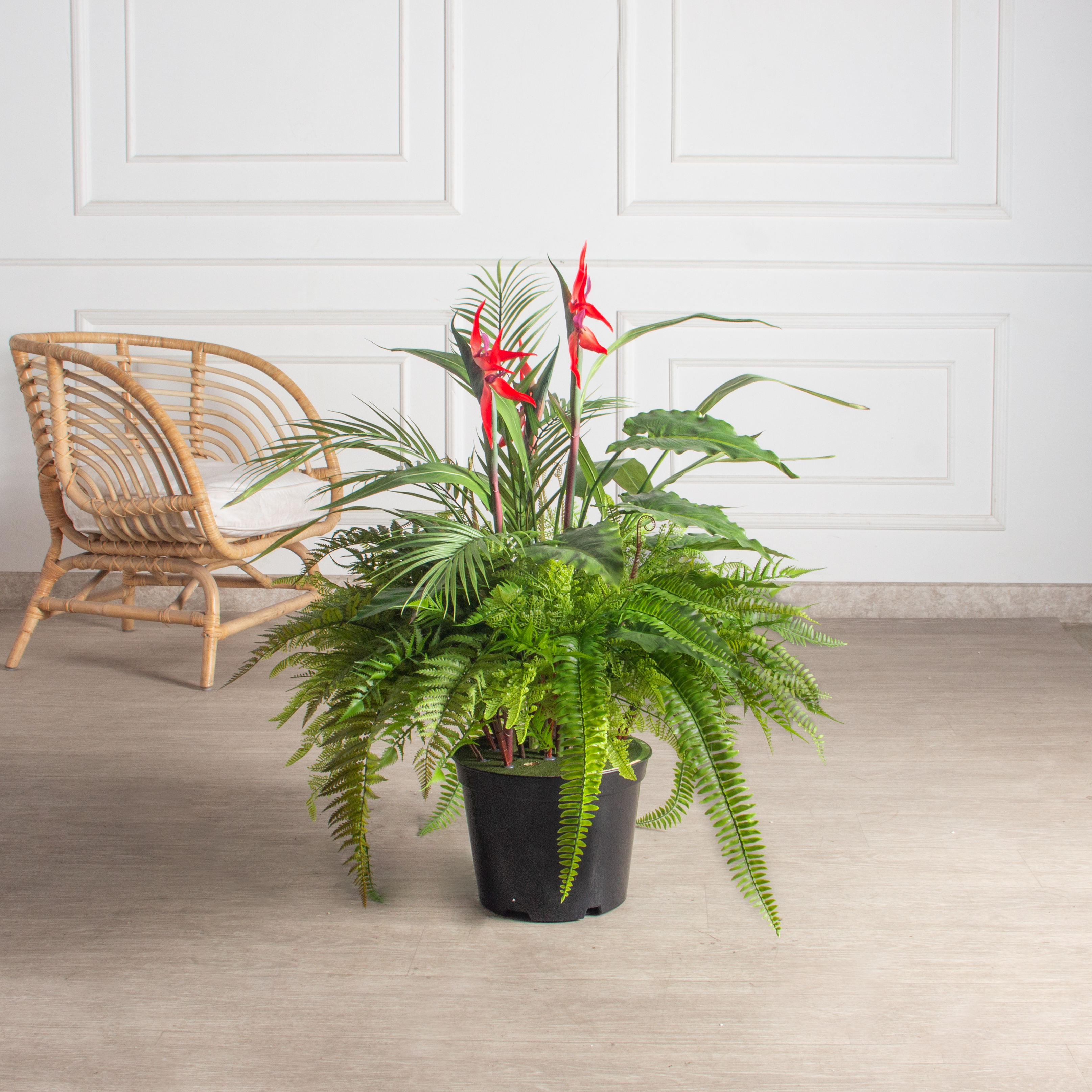 К327-28/2(з)(F) Композиция искусственная Тропический микс со стрелицией в кашпо d26см_1