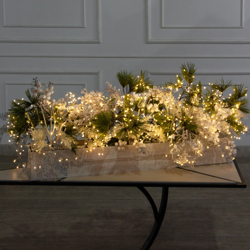 К566/СВ03т(Пр)(F) Композиция искусственная НГ с гирляндой Роса на основании, бело-голубая_1