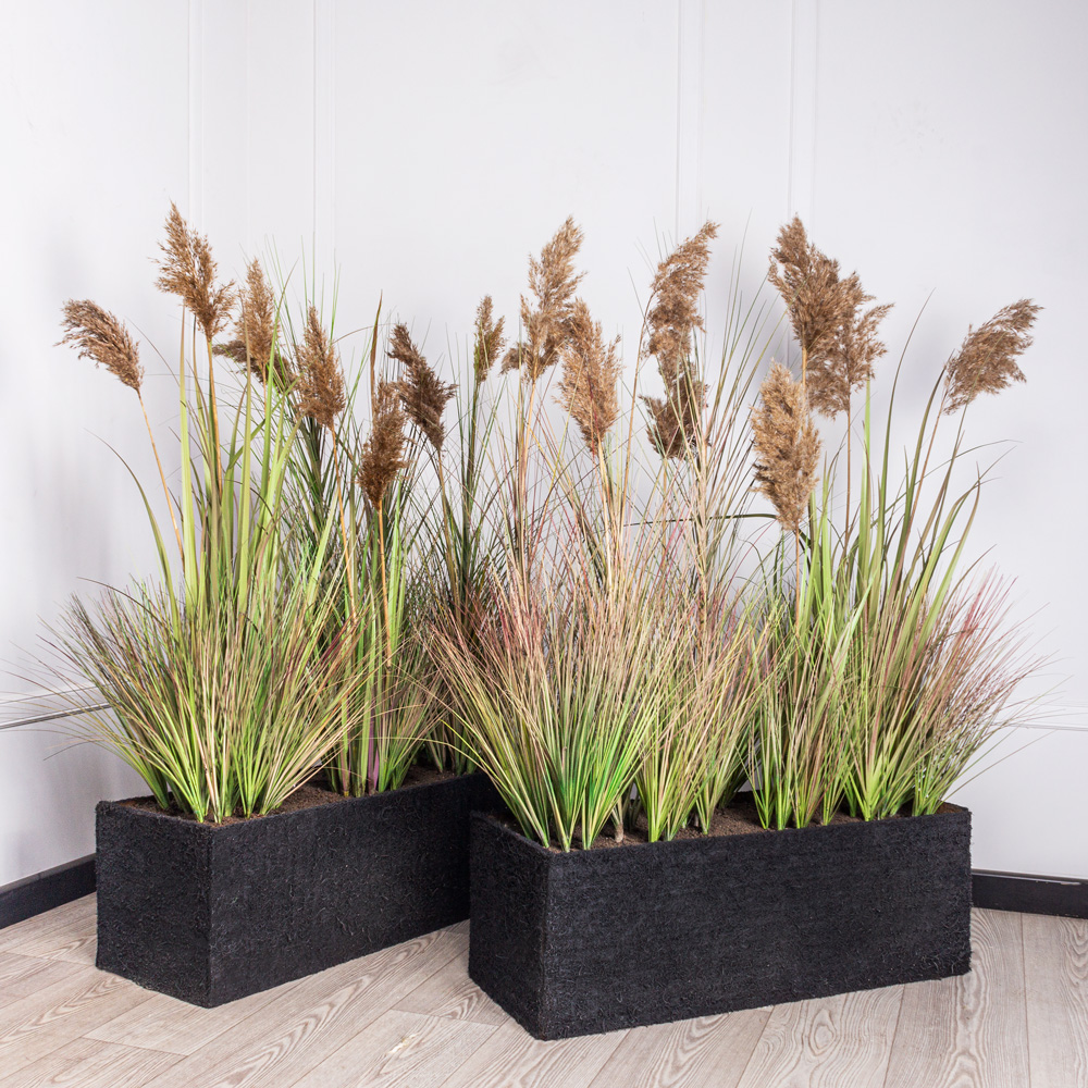 ТД100(Promo) Трава Осока искусственная с камышом в кокосовом боксе 86х32хh30см_3