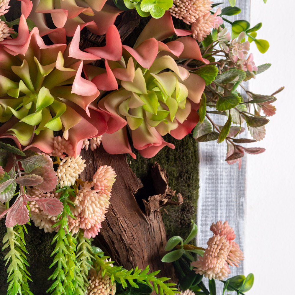 СКФ02-3(F) Фитокартина искусственная с суккулентами 30х30см в деревянной раме, розовый_1