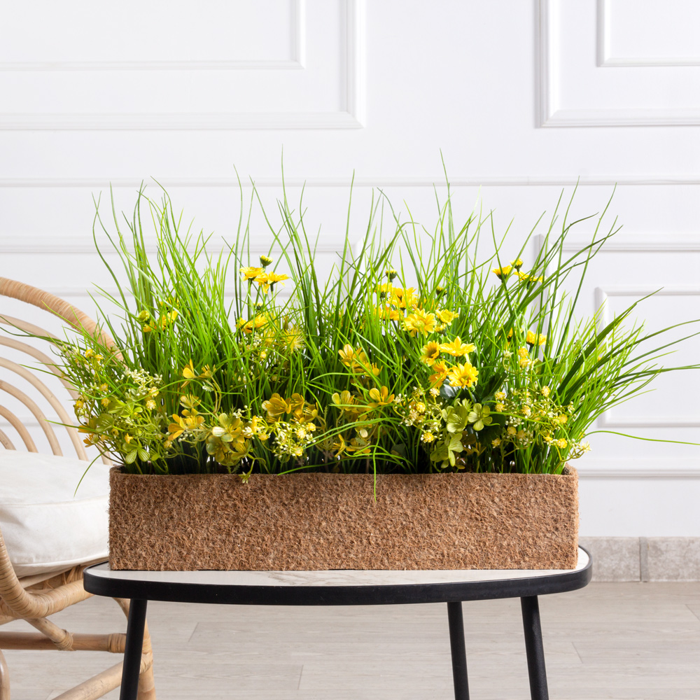 ТД084(F) Композиция искусственная Цветочный микс в кокосовом боксе 50х10х10см_1