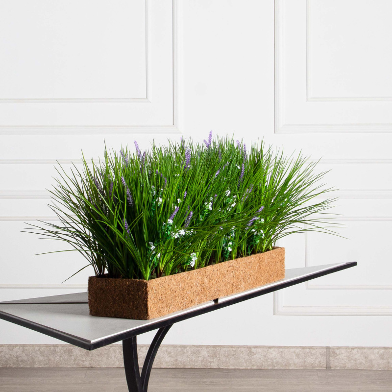 Б012(з)(F) Лаванда искусственная с травой h40см в кокосовом боксе 80х19х10см, сиреневая_1