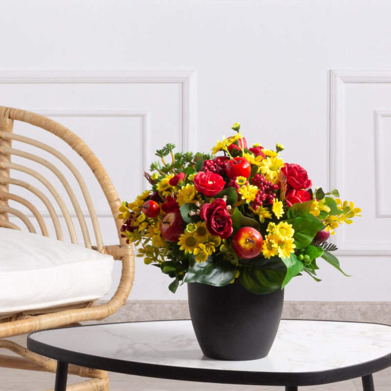 К10(F) Композиция искусственная с яблоками в интерьерном кашпо d30, h30см