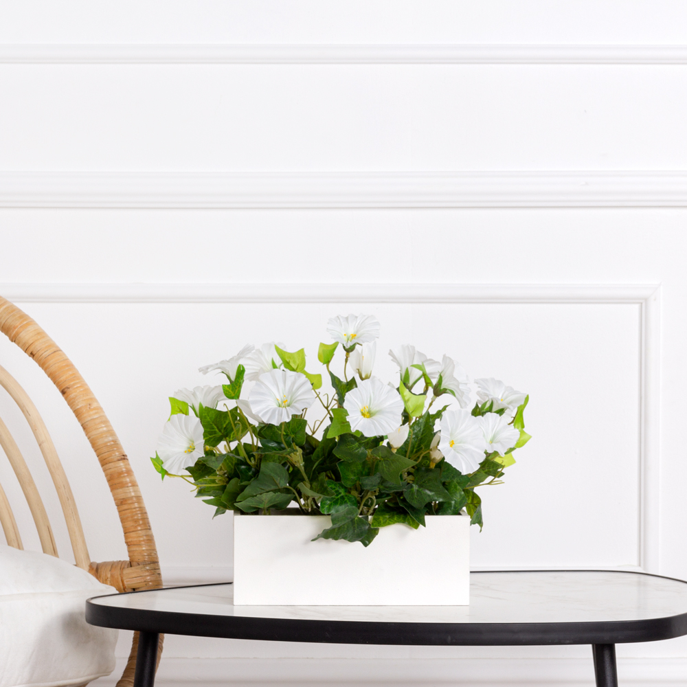 ТДЯ440-1 Петуния искусственная белая в деревянном ящике 20х9х8см_1