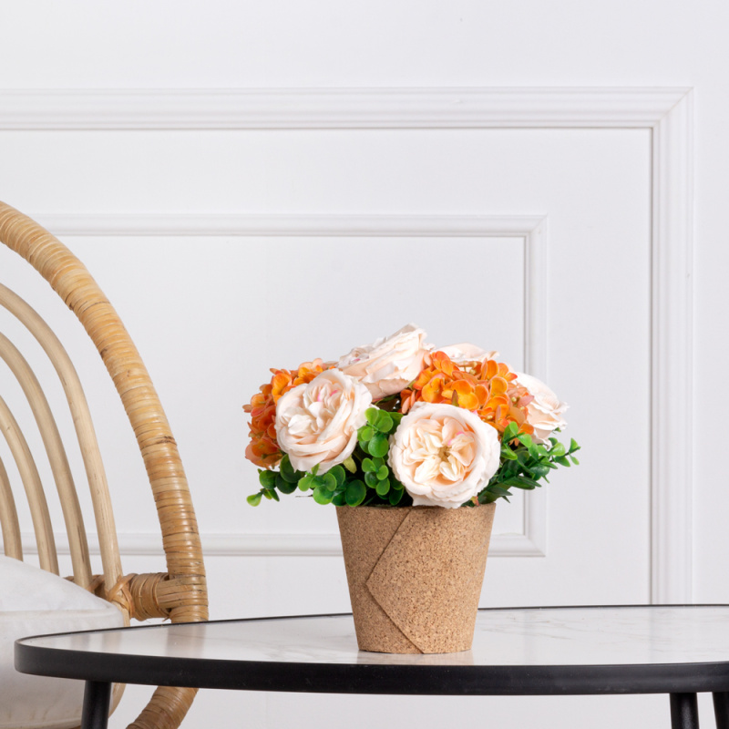 КС24-3 Роза искусственная с гортензией в кашпо (персик)_1