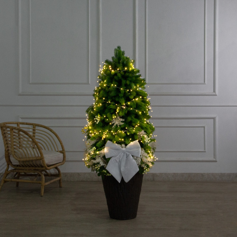 120/СВ03т/289-2(Пр)(Fix)(F) Ель искусственная h120см с белым декором и гирляндой Роса на основании_1