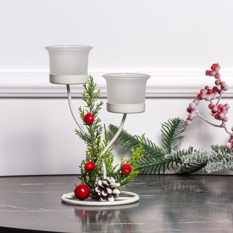 808/024-3(Sale) Подсвечник новогодний с декором на 2 свечи, белый