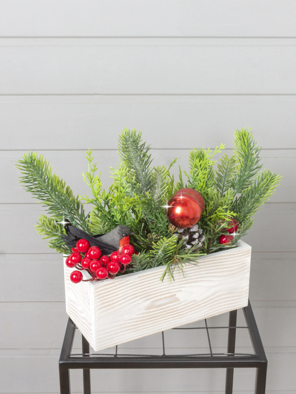 КНг53-1 Композиция НГ h27см в деревянном ящике 20х9х8см, красно-зеленая