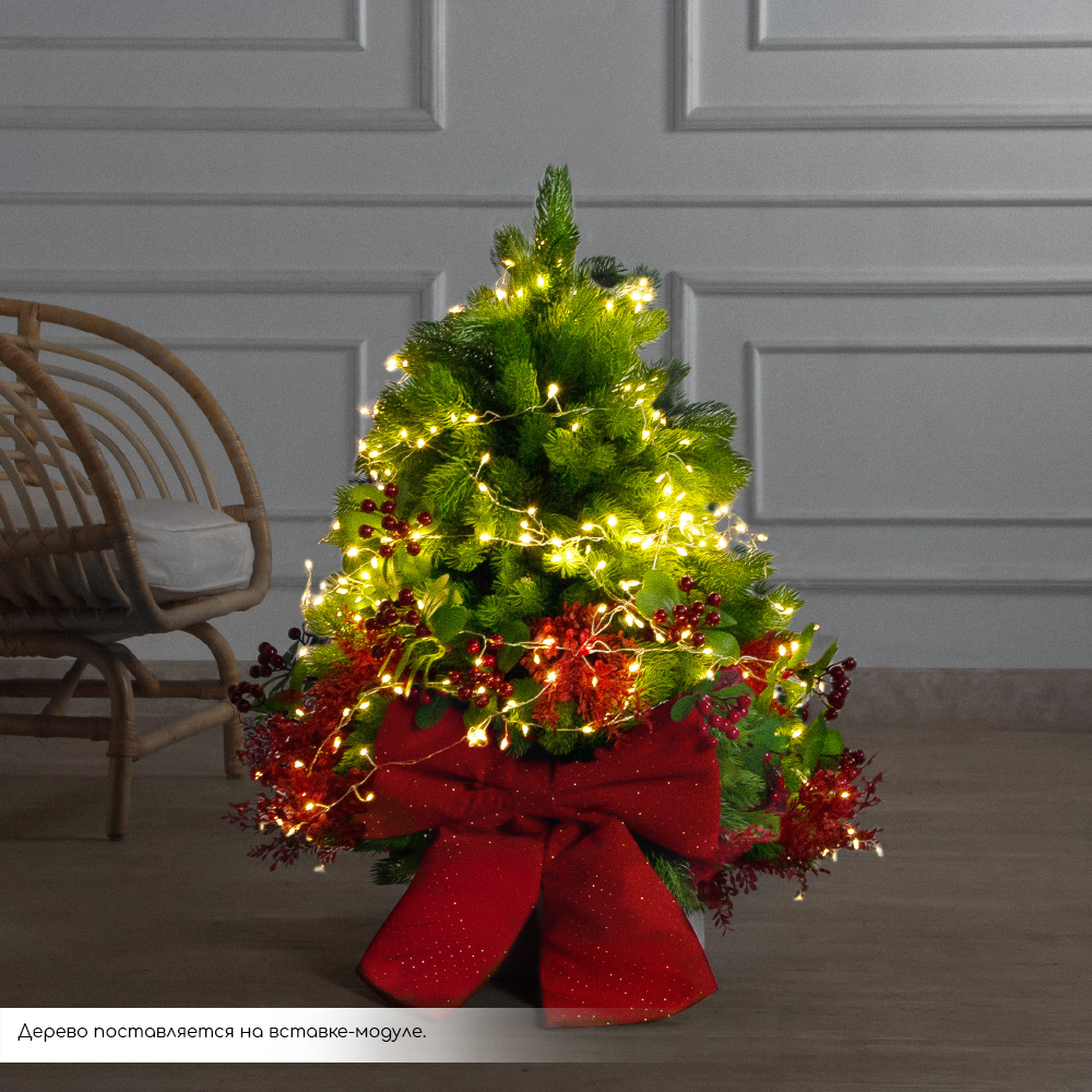 080/СВ03т/289-2(Пр)(Fix)(F) Ель искусственная h80см с красным декором и гирлянд. Роса на основании_2