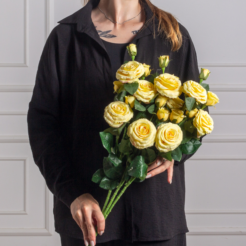 7141А/9149-11/3(F) Роза искусственная h75см, желтая, 3головы, 4бутона, шёлк_2