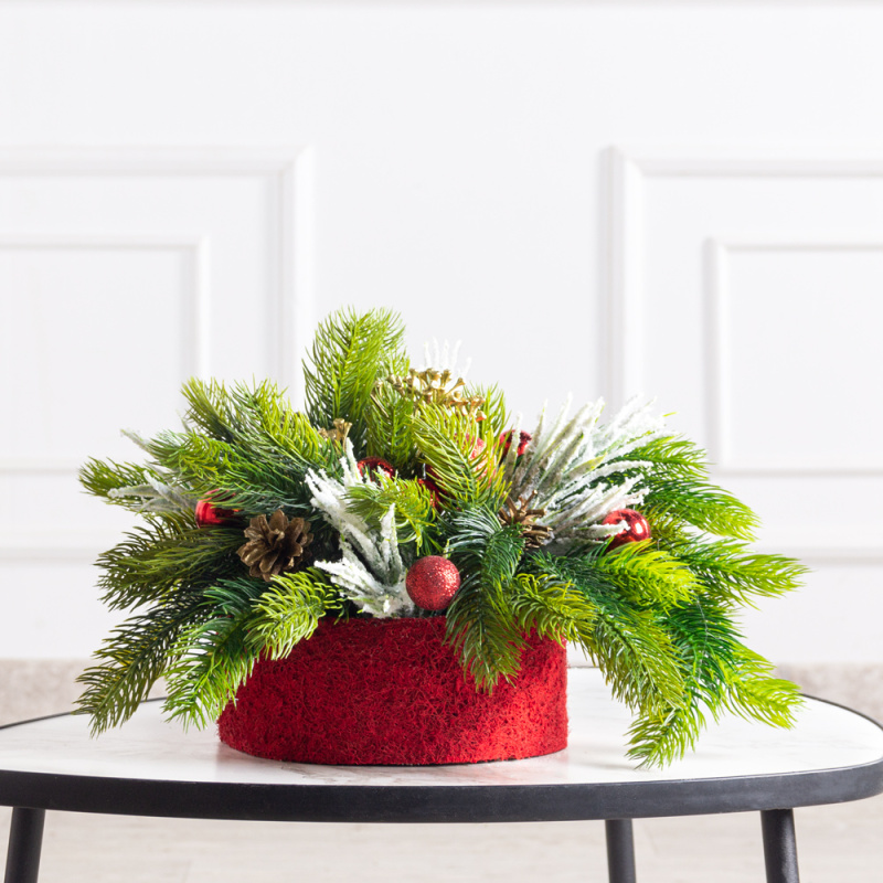 КНг65/1(з)(Пр)(F) Композиция искусственная НГ  в красном кокосовом боксе d20,h8см, красная