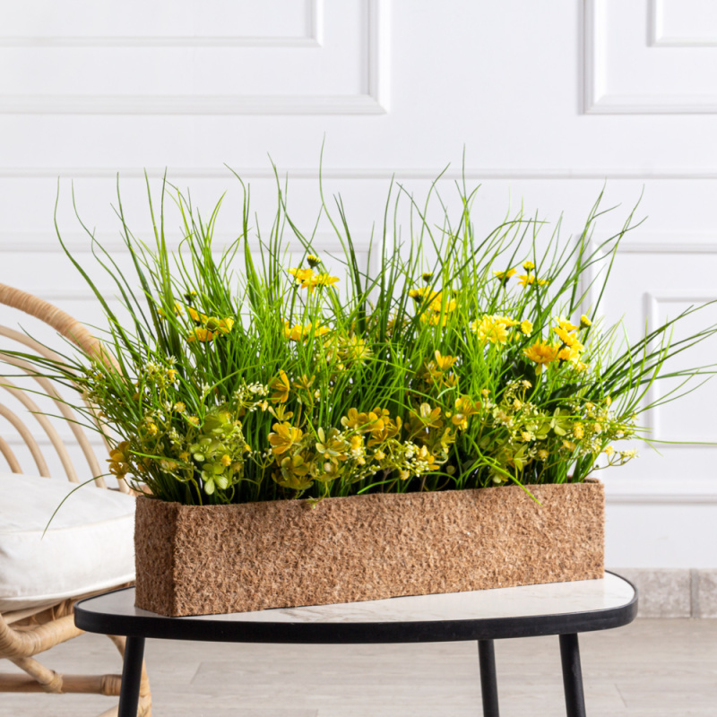 ТД084(F) Композиция искусственная Цветочный микс в кокосовом боксе 50х10х10см