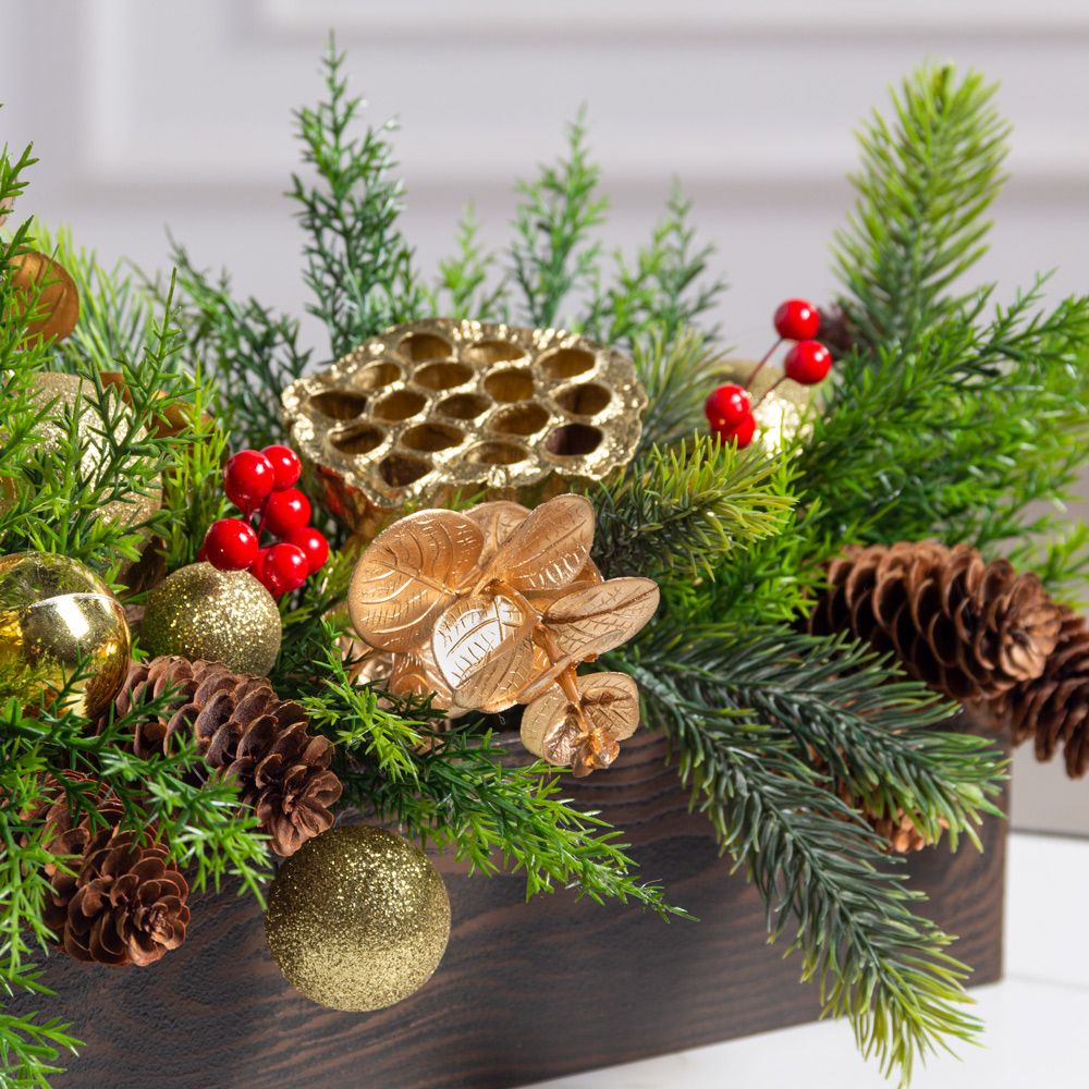 КНг61(Пр)(F) Композиция искусственная НГ в ящике 40х9хh8см, золото_3