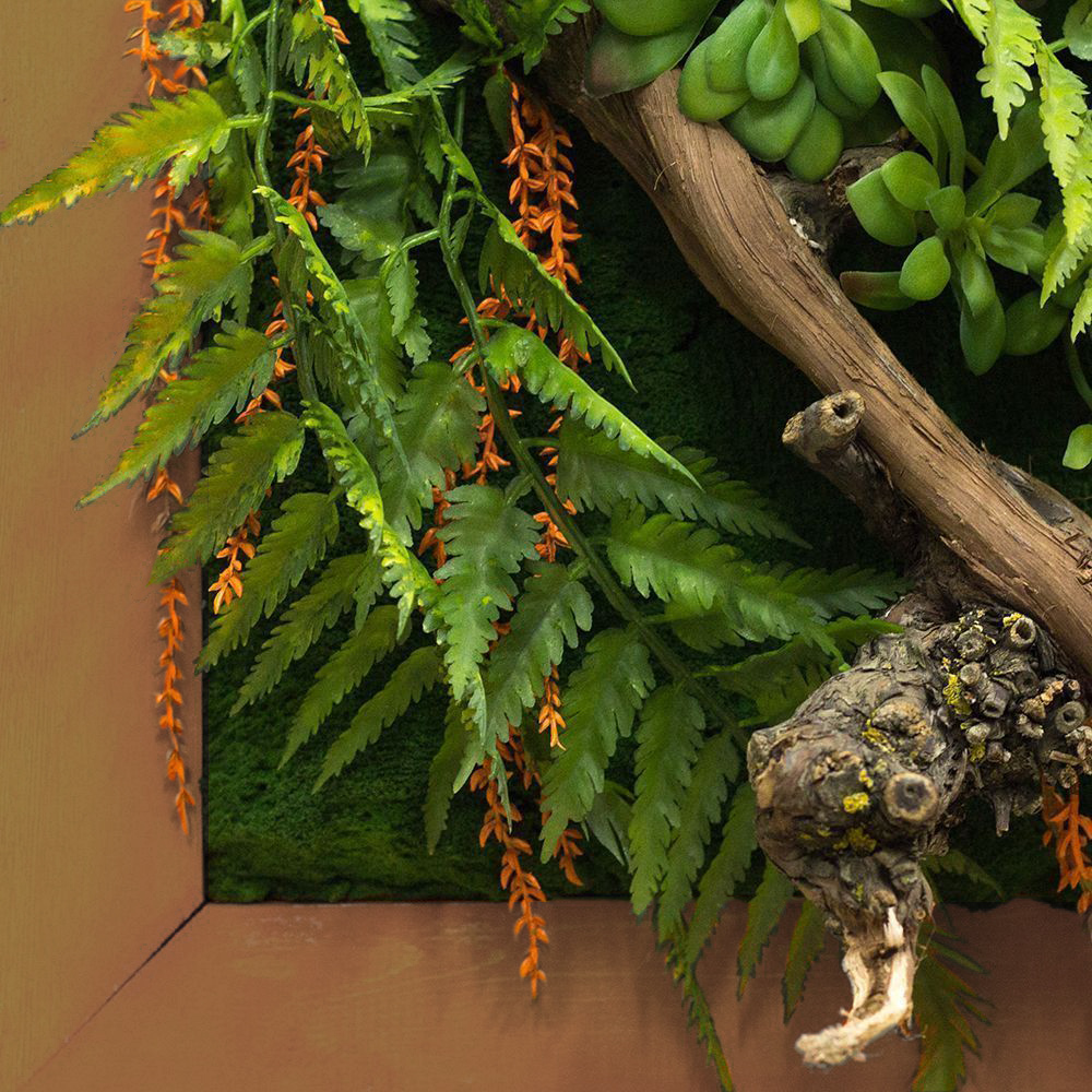 СКФ06/2(з) Фитокартина искусственная с папоротником и суккулентами 50х200см в оранжевой раме _1