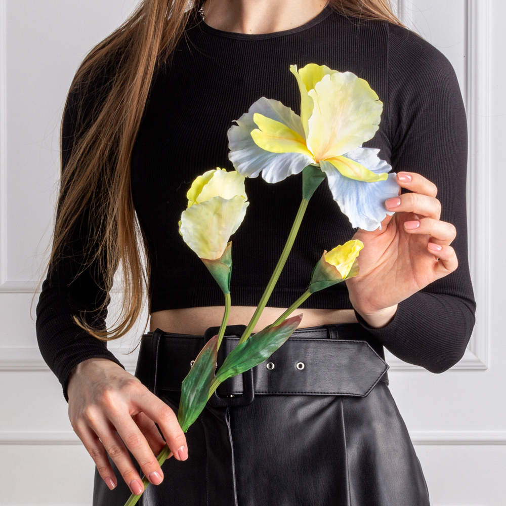 7141А/9120-01/3Р(АКЦИЯ) Ирис искусственный 1 голова d17см, 2 бутона, h80см, желто-голубой_4