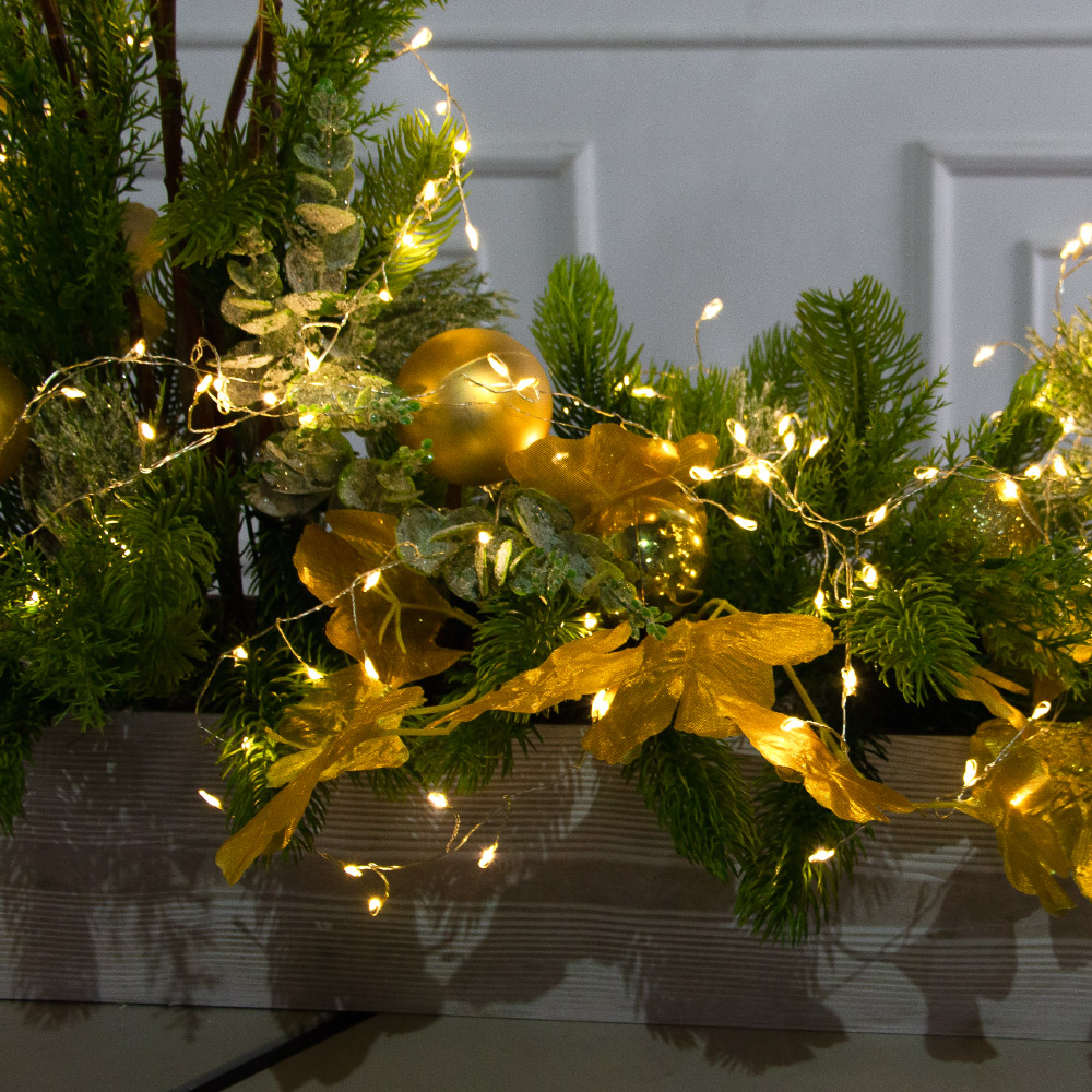 К556/СВ03т(Пр)(F) Композиция искусственная НГ с гирляндой Роса на основании, золото_5