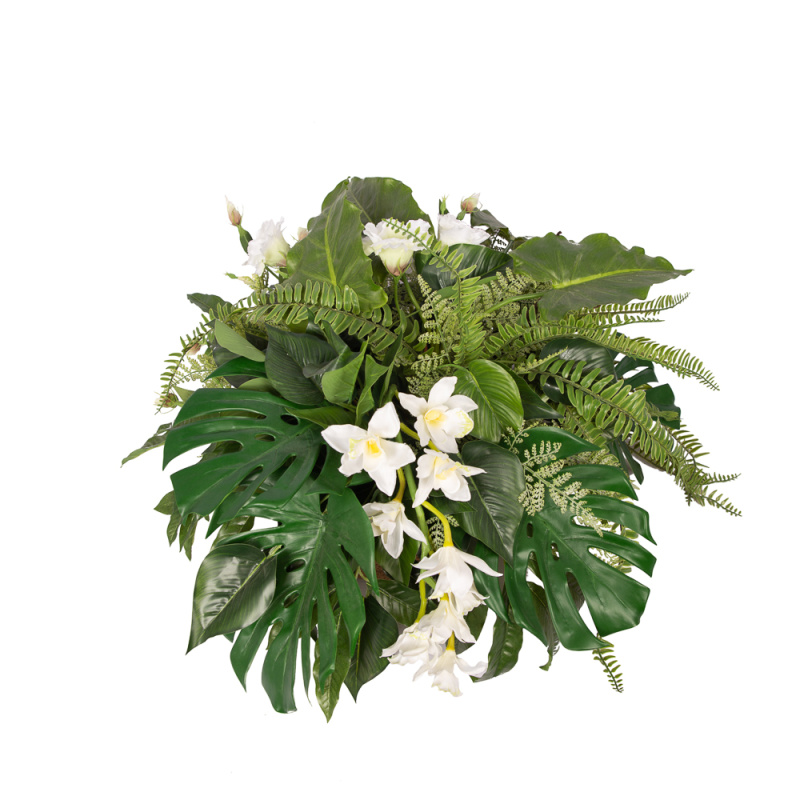 К348 Композиция цветочная h25см (латекс) в круглом кокосовом боксе d30h10