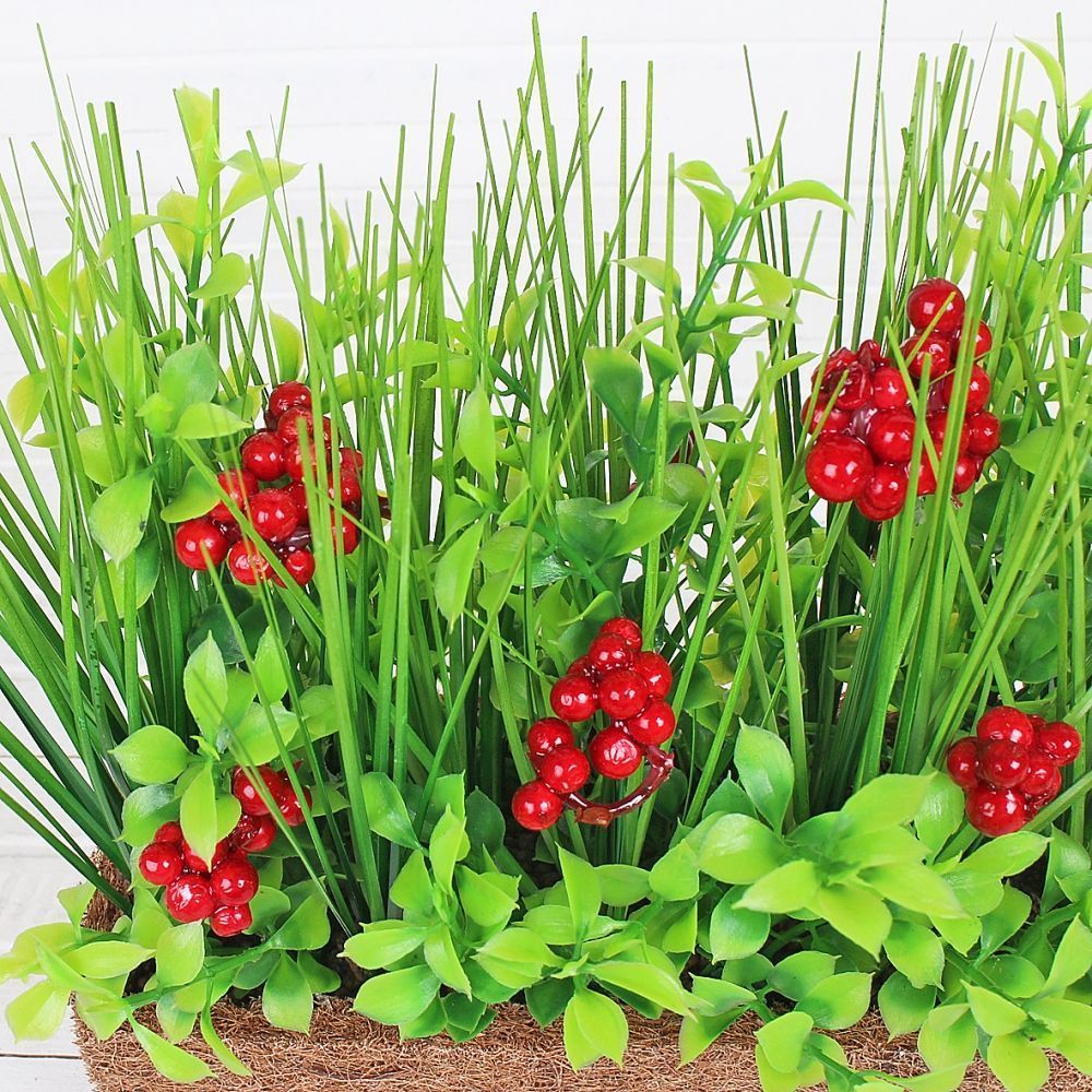 ТД060(Promo) Трава искусственная(зеленая) с ягодами h17см в кокосовом боксе 20х8х7см_6