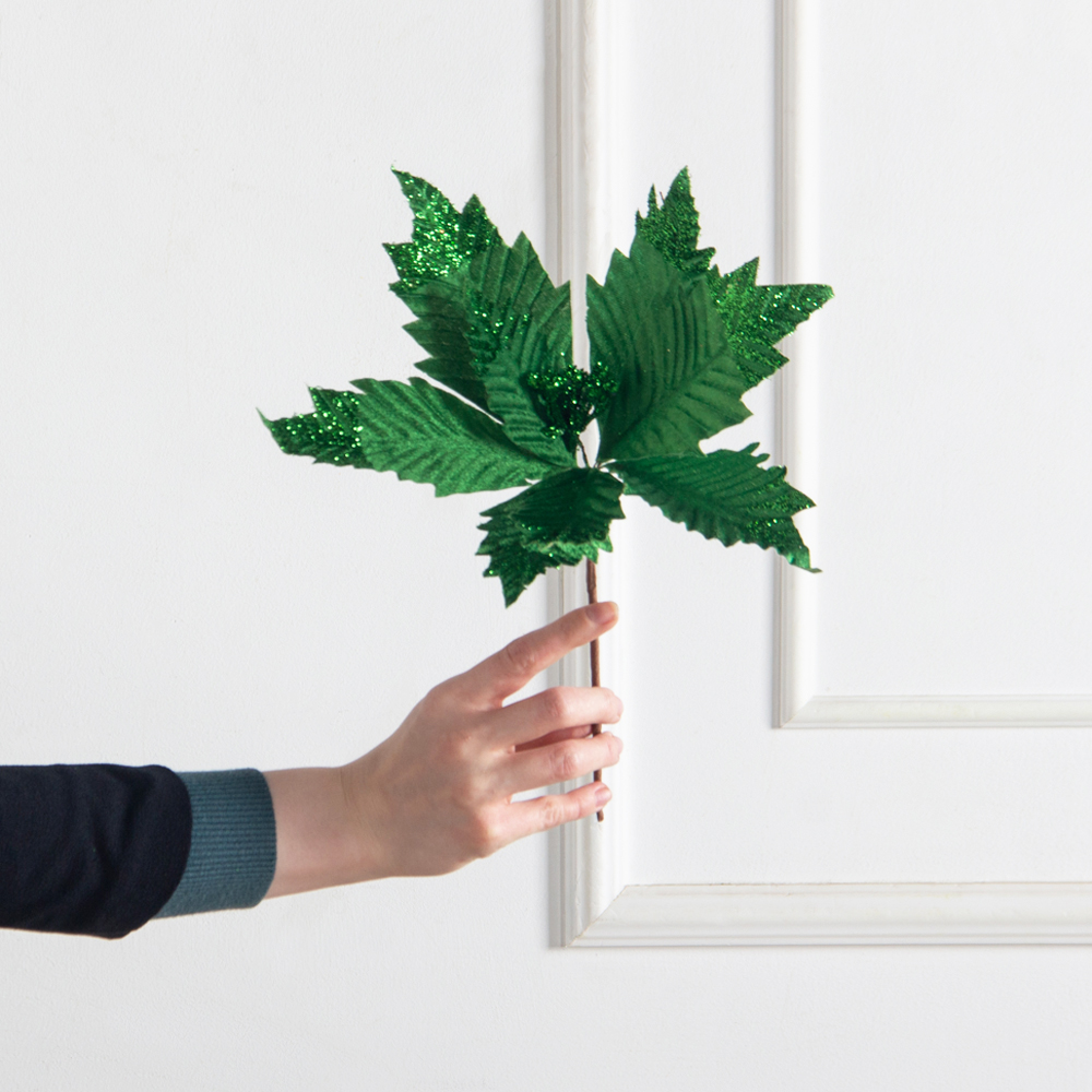 736А/9271-6317/9(F) Пуансетия НГ с блёстками h26см(нога h20см d32см) зелёная_4