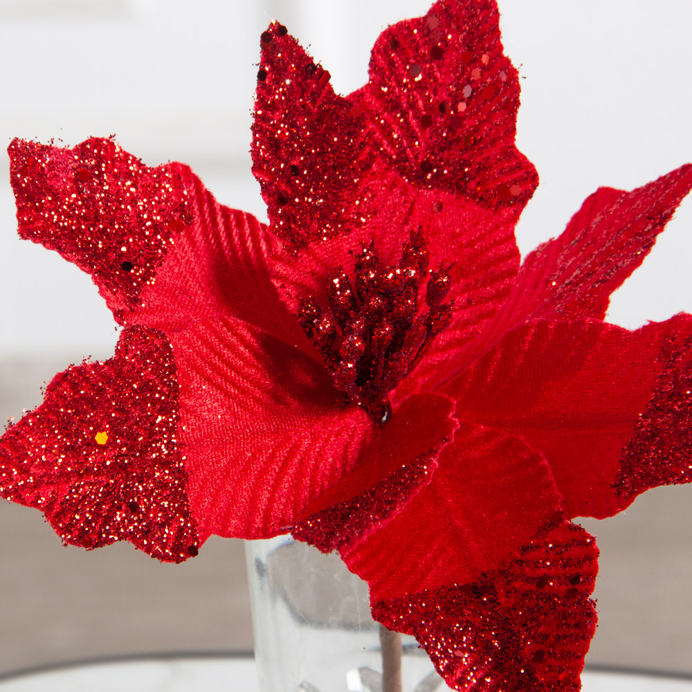 736А/9271-6316/2(F) Пуансетия НГ с блёстками h19см(нога h14см d23см) красная_2