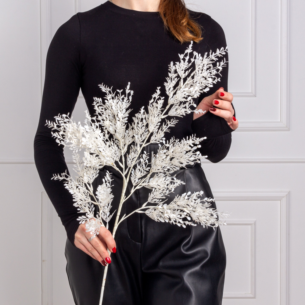 7143/0041-10/23 Ветка искусственная Мини самшит h97см, белая_3