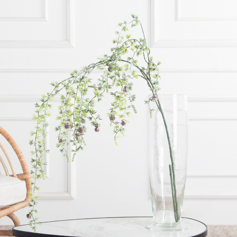 736А/0424-8(F)Ветка Лиственницы с шишечками искусств. заснеженная НГ с блёст.3ветки, h130см(80+50)_1