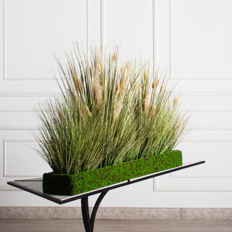 ТД097-17(з)(F) Трава Осока искусственная с сухоцветами h70см в мшистом боксе 120х20х10см_1