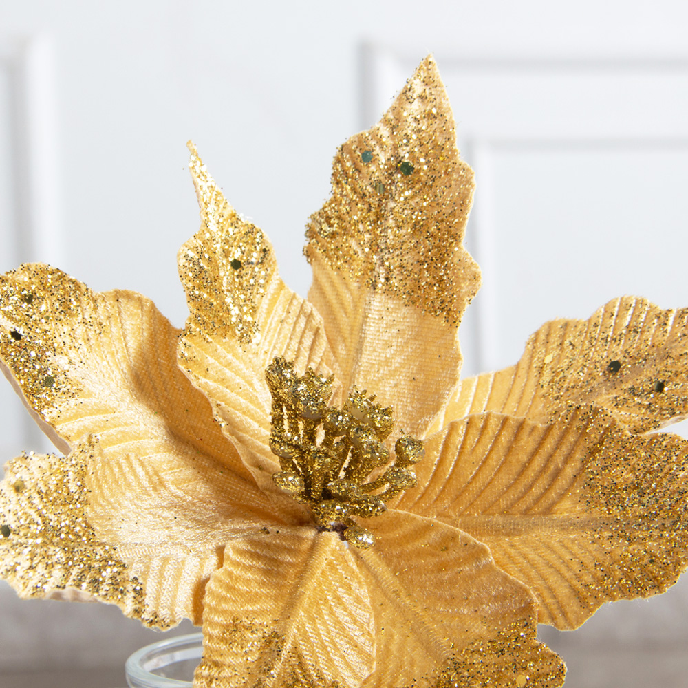 736А/9271-6316/4(F) Пуансетия НГ с блёстками h19см(нога h14см d23см) бежевая_3